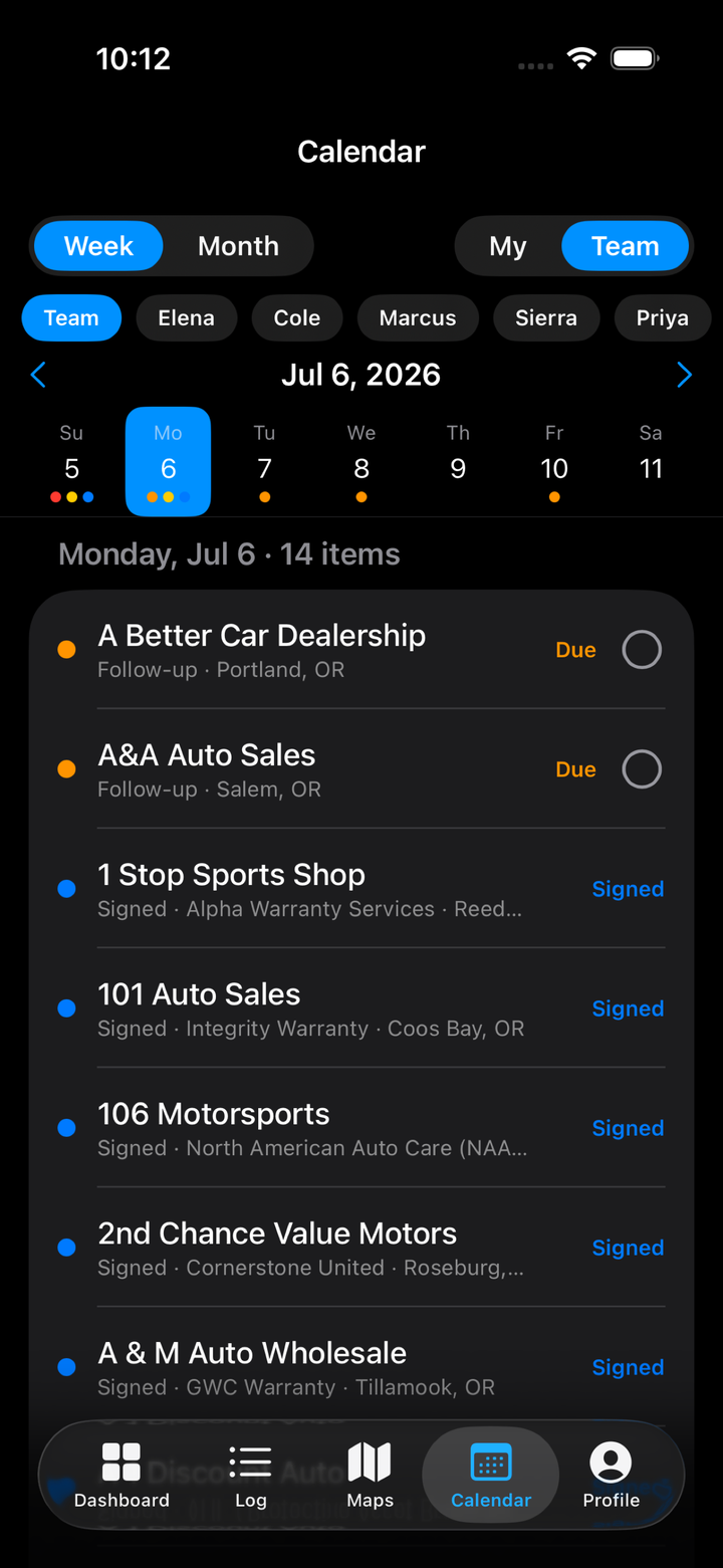 DealerMap team calendar β every rep's follow-ups and signings for the week