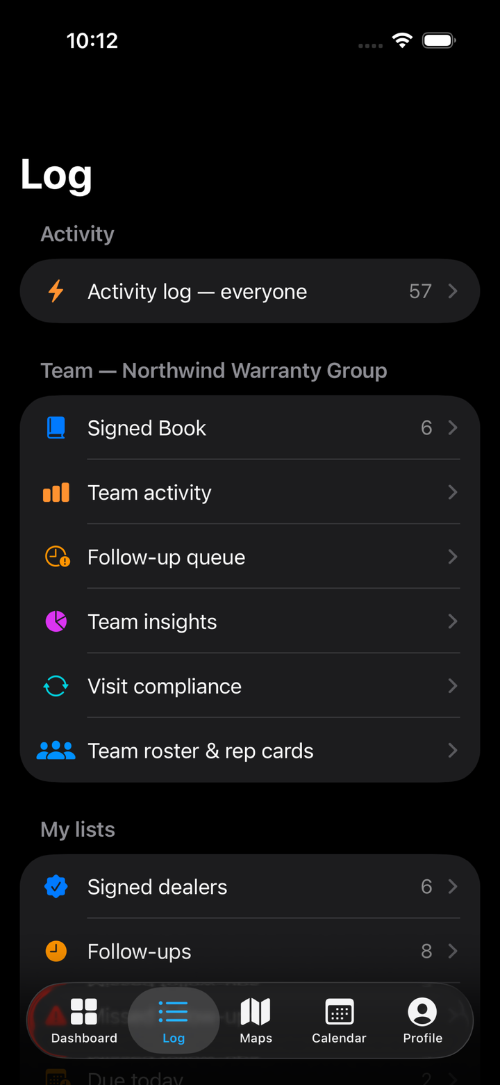 DealerMap team log β Signed Book, team activity, follow-up queue, and visit compliance