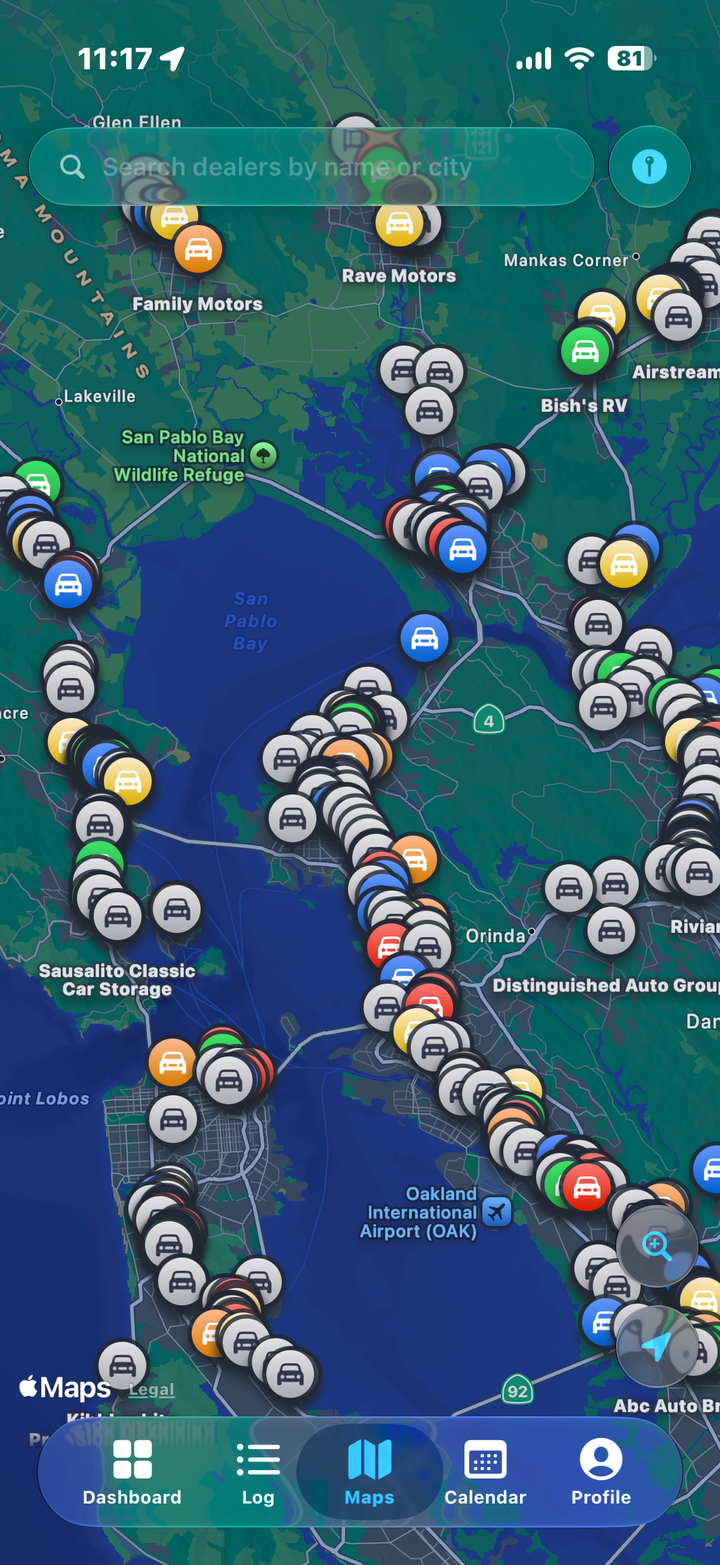 DealerMap map β every licensed dealer, color-coded by pipeline status across the territory