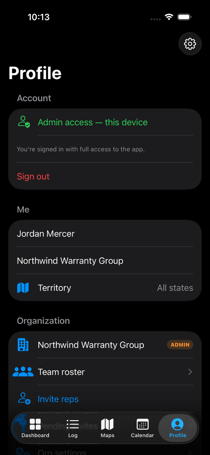 DealerMap admin controls β team roster, invites, audit log, and data export
