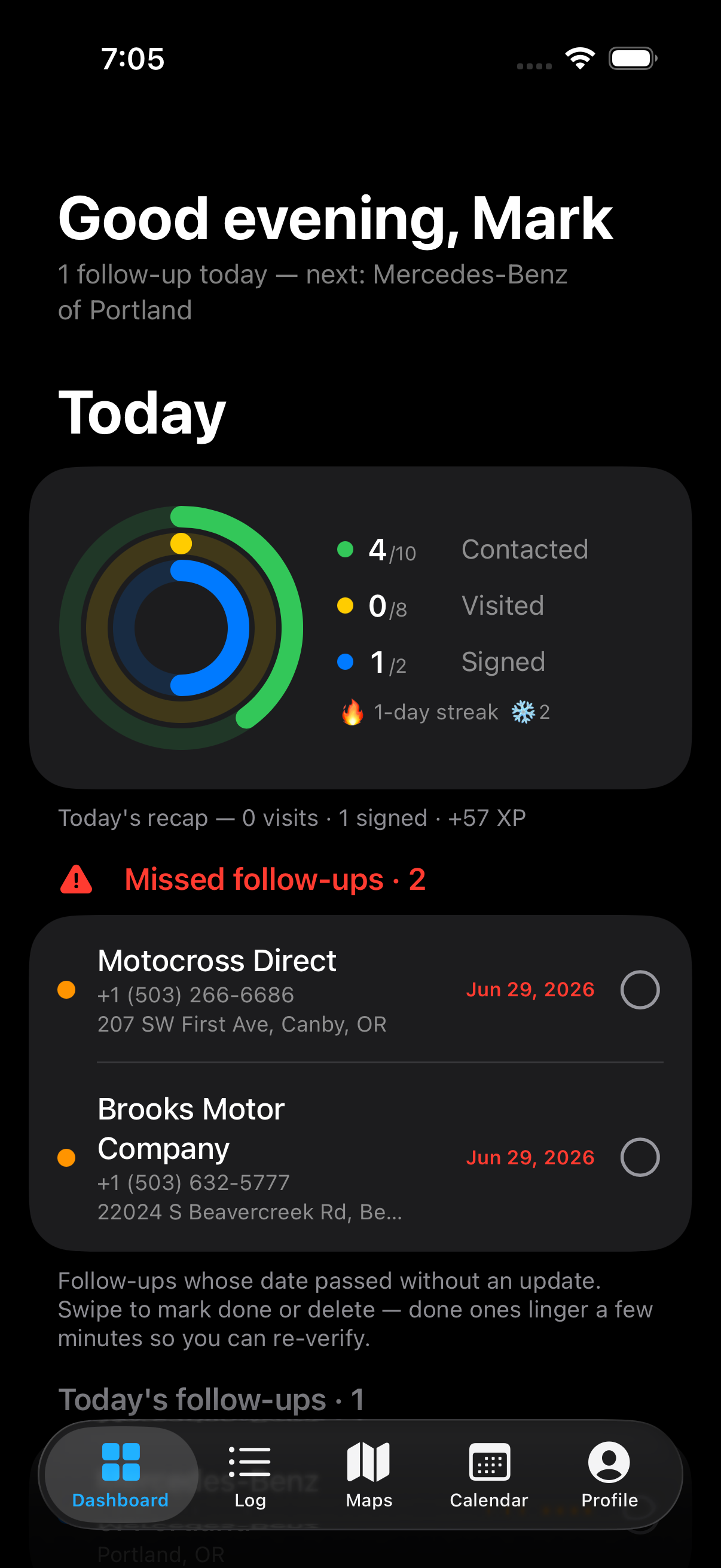 DealerMap dashboard with activity rings and follow-ups